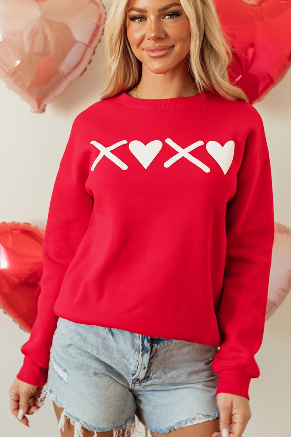 Valentine’s Day XOXO Round Neck Drop Shoulder Sweatshirt Trandify Deal