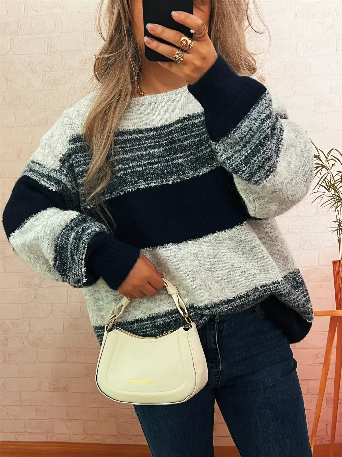 Women's Color Block Sweater | Casual Dropped Shoulder Pullover