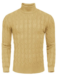 Men's Cable Knit Turtleneck Sweater worn by a model in Yellow