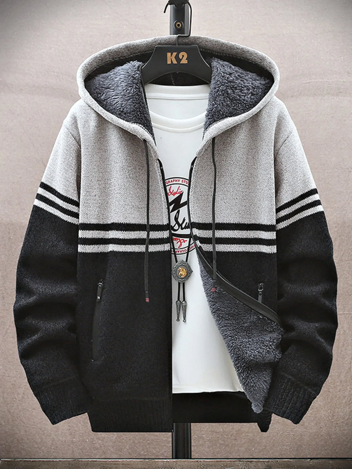 Plus Size Men’s Zip-Up Hooded Cardigan – Cozy & Stylish