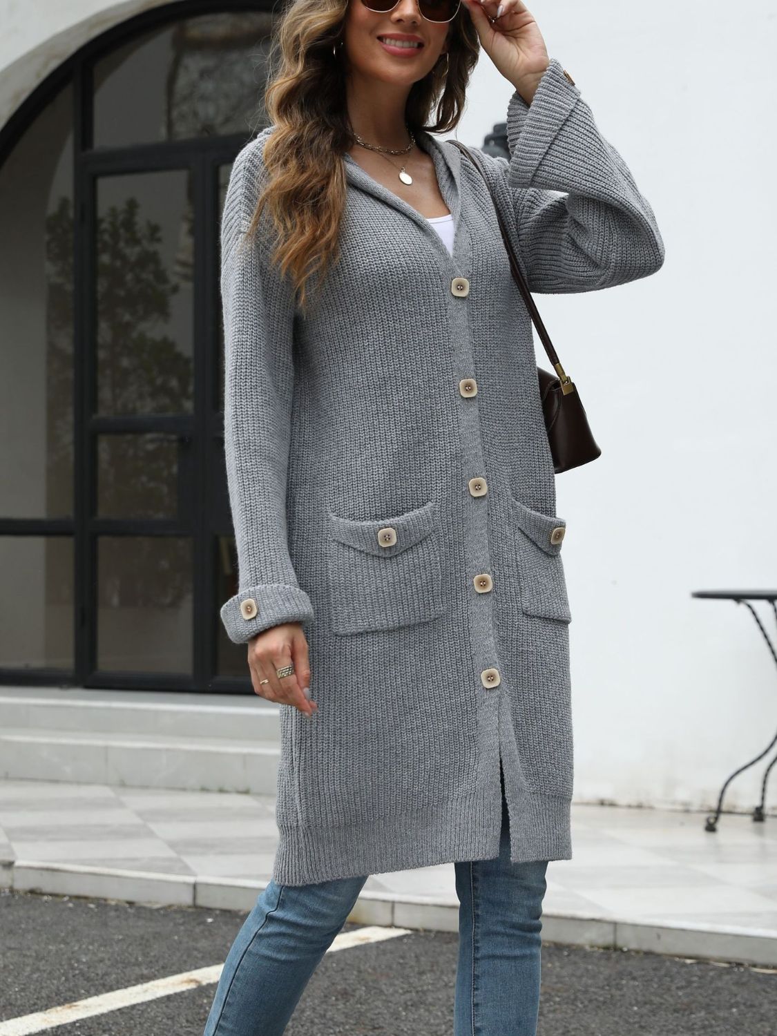 Pocketed Button Up Long Sleeve Hooded Cardigan Trandify Deal
