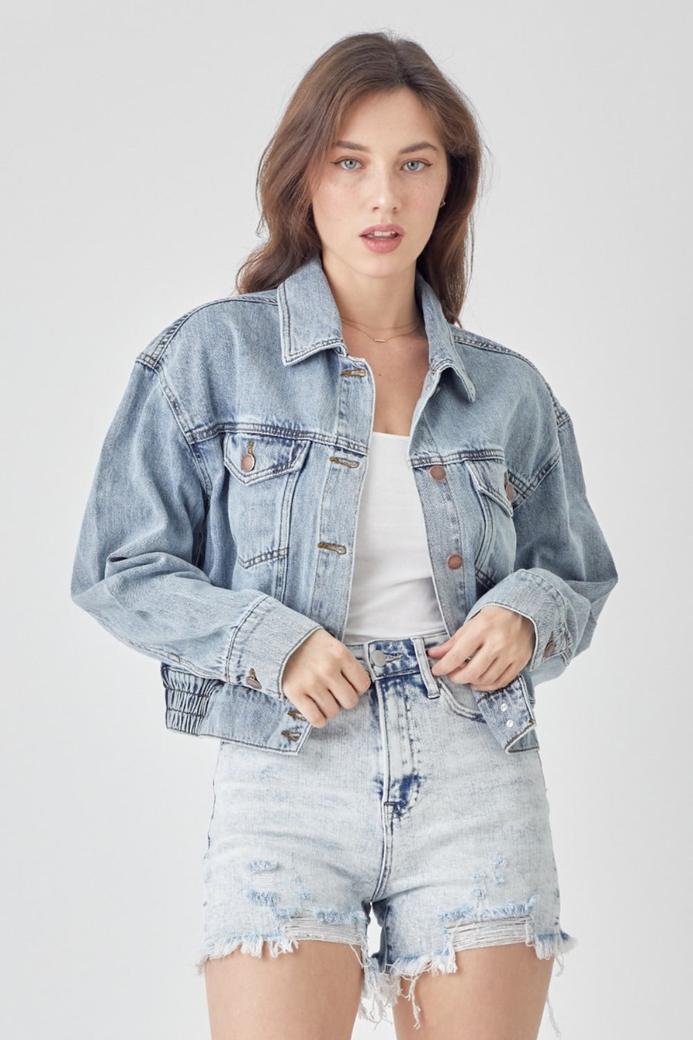 RISEN Full Size Button Down Cropped Denim Jacket Trandify deal