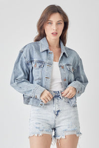 RISEN Full Size Button Down Cropped Denim Jacket Trandify deal