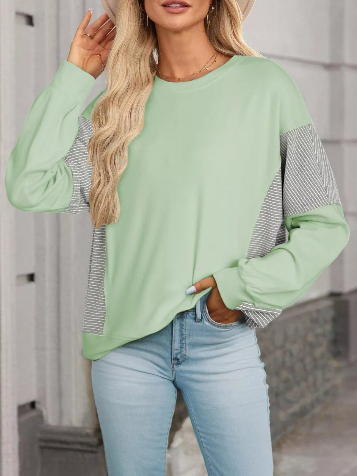 Women's Oversized Long Sleeve Sweatshirt with seam detail in Light Green, Y2K streetwear style.