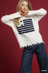 Umgee Distressed American Flag Sweater - Patriotic Top