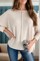 Waffle-Knit Slit Round Neck Long Sleeve Top - Trandify Deal