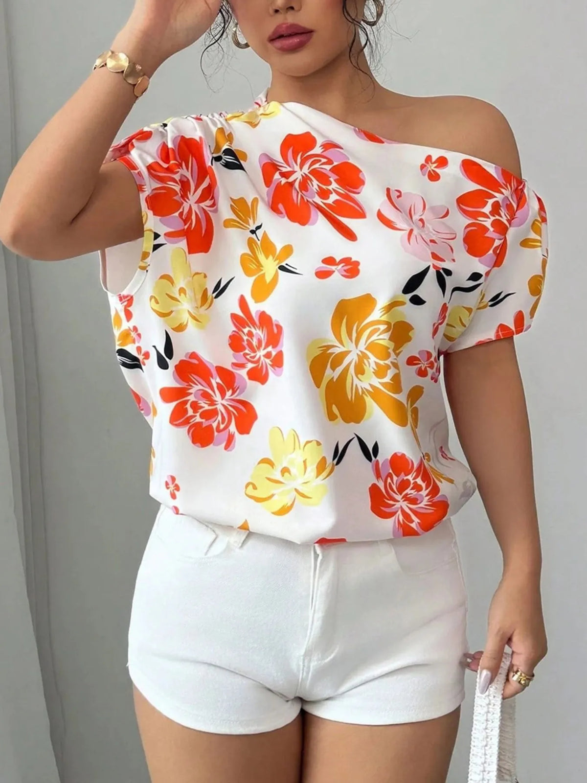 Floral print one shoulder blouse for women – short sleeve ruffled boho top in summer colors