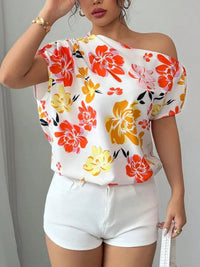 Floral print one shoulder blouse for women – short sleeve ruffled boho top in summer colors