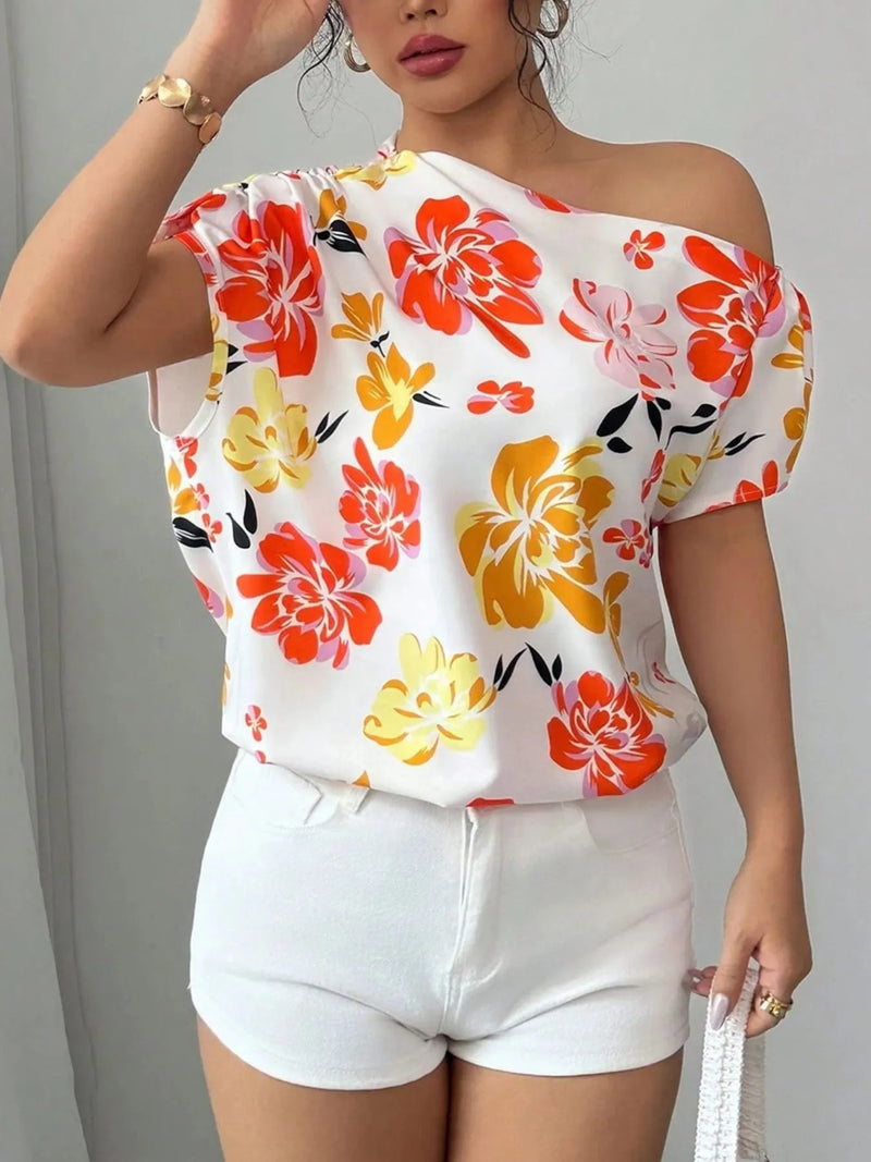 Floral print one shoulder blouse for women – short sleeve ruffled boho top in summer colors