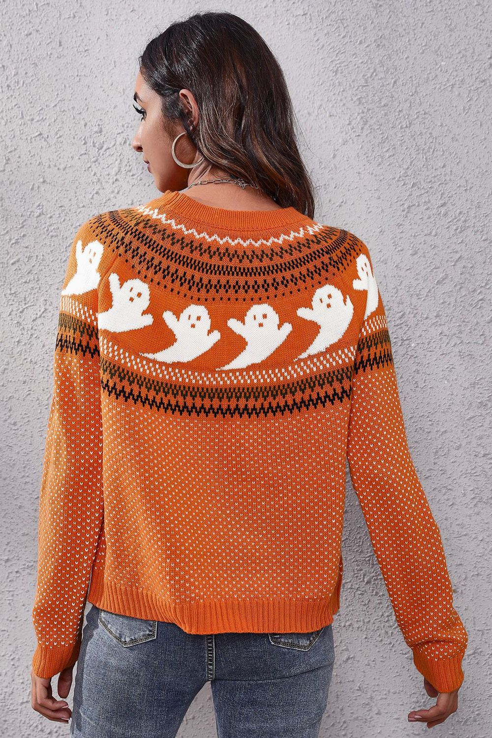 Ghost Pattern Round Neck Long Sleeve Sweater Trandify Deal