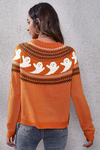 Ghost Pattern Round Neck Long Sleeve Sweater Trandify Deal