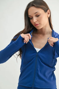 Y2K Ribbed Cropped Hoodie in Blue worn as a retro streetwear outfit