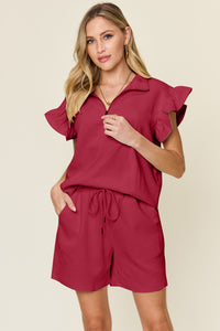 Double Take Full Size Texture Flounce Sleeve Top and Drawstring Shorts Set - Trandify Deal