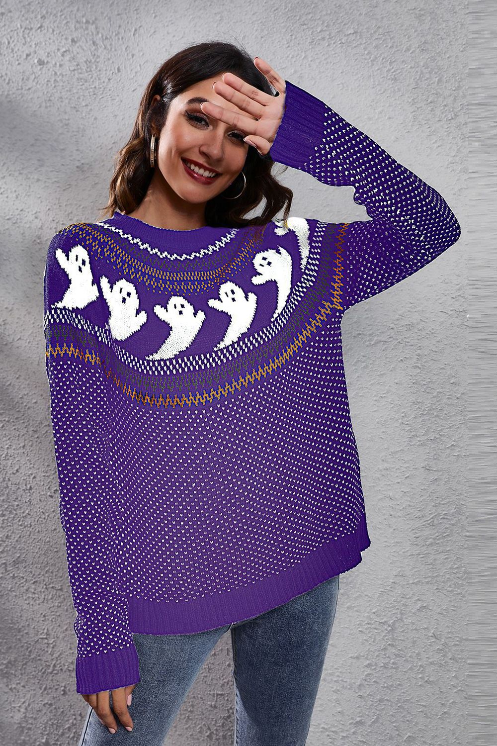 Ghost Pattern Round Neck Long Sleeve Sweater Trandify Deal