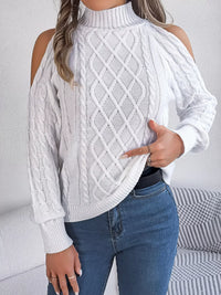 Women's Cold Shoulder Sweater | Cable Knit Turtleneck