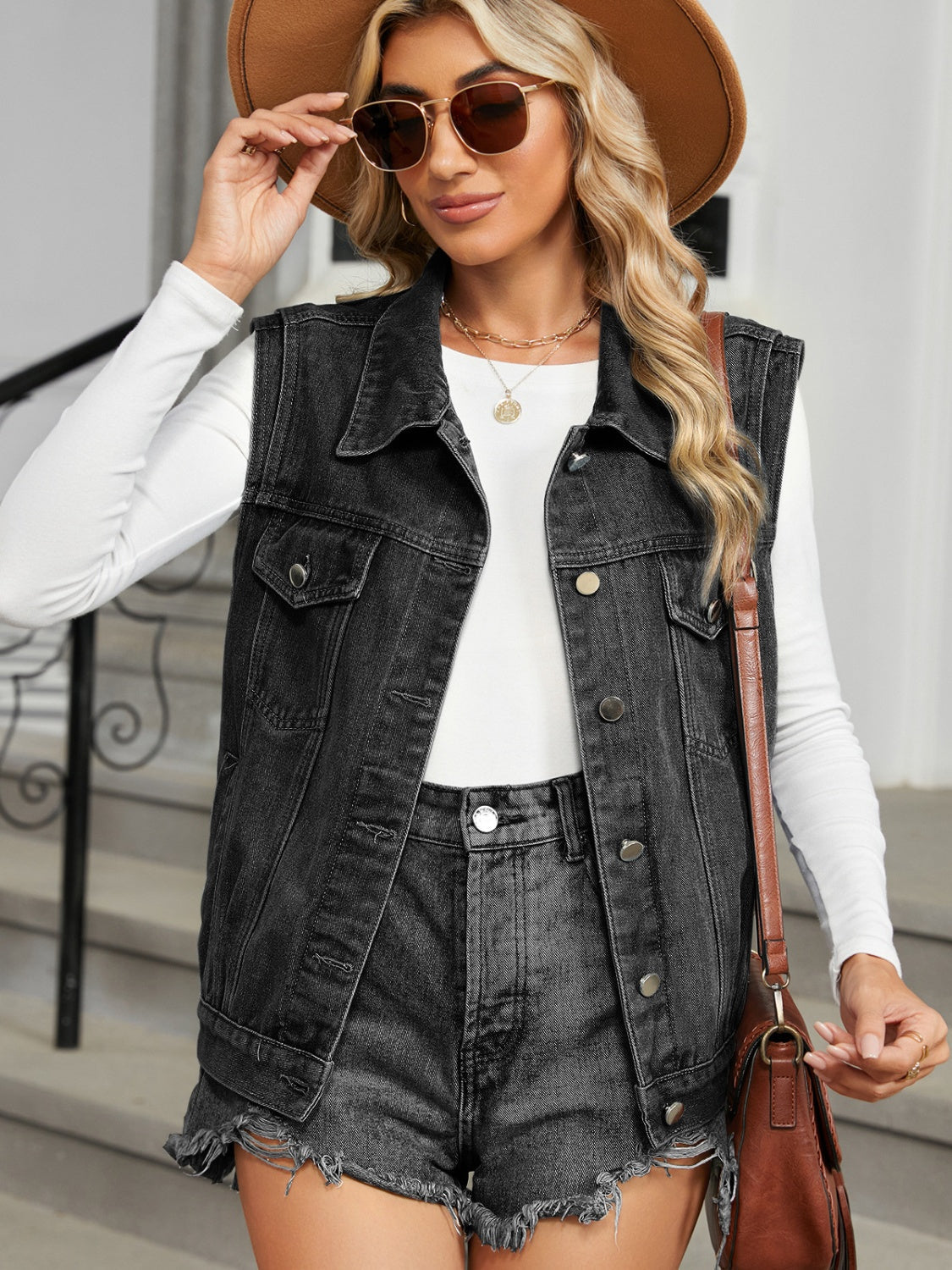 Pocketed Button Up Sleeveless Denim Jacket Trandify Deal