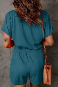 Full Size Drawstring V-Neck Short Sleeve Romper Trandify deal