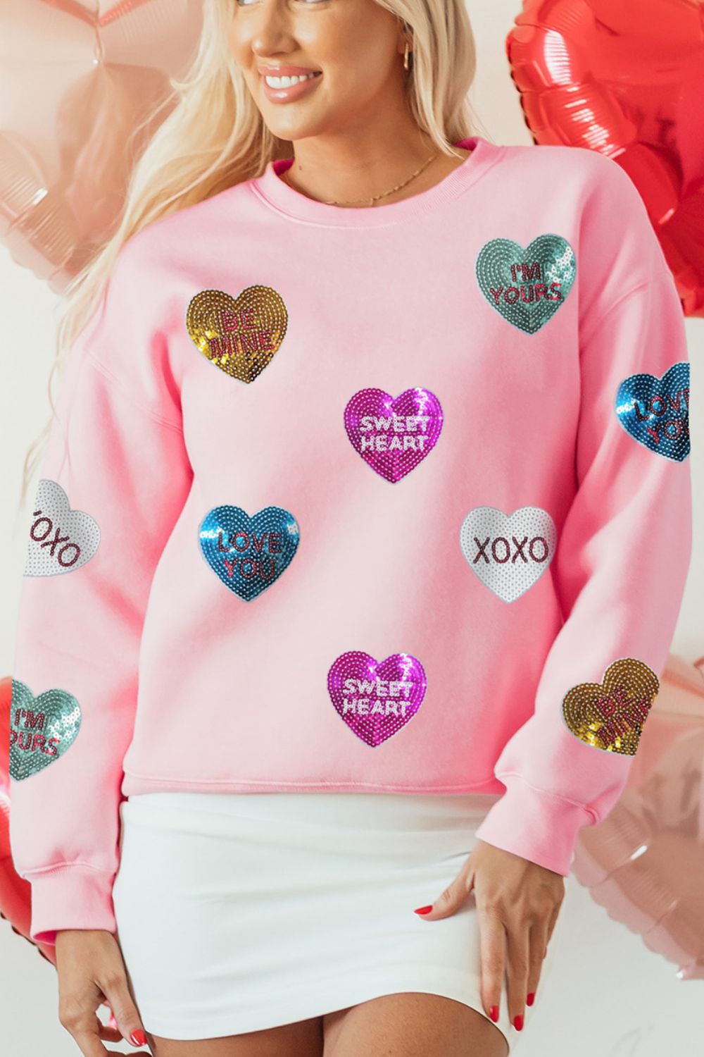 Valentine’s Day Sequin Heart Round Neck Long Sleeve Sweatshirt Trandify Deal