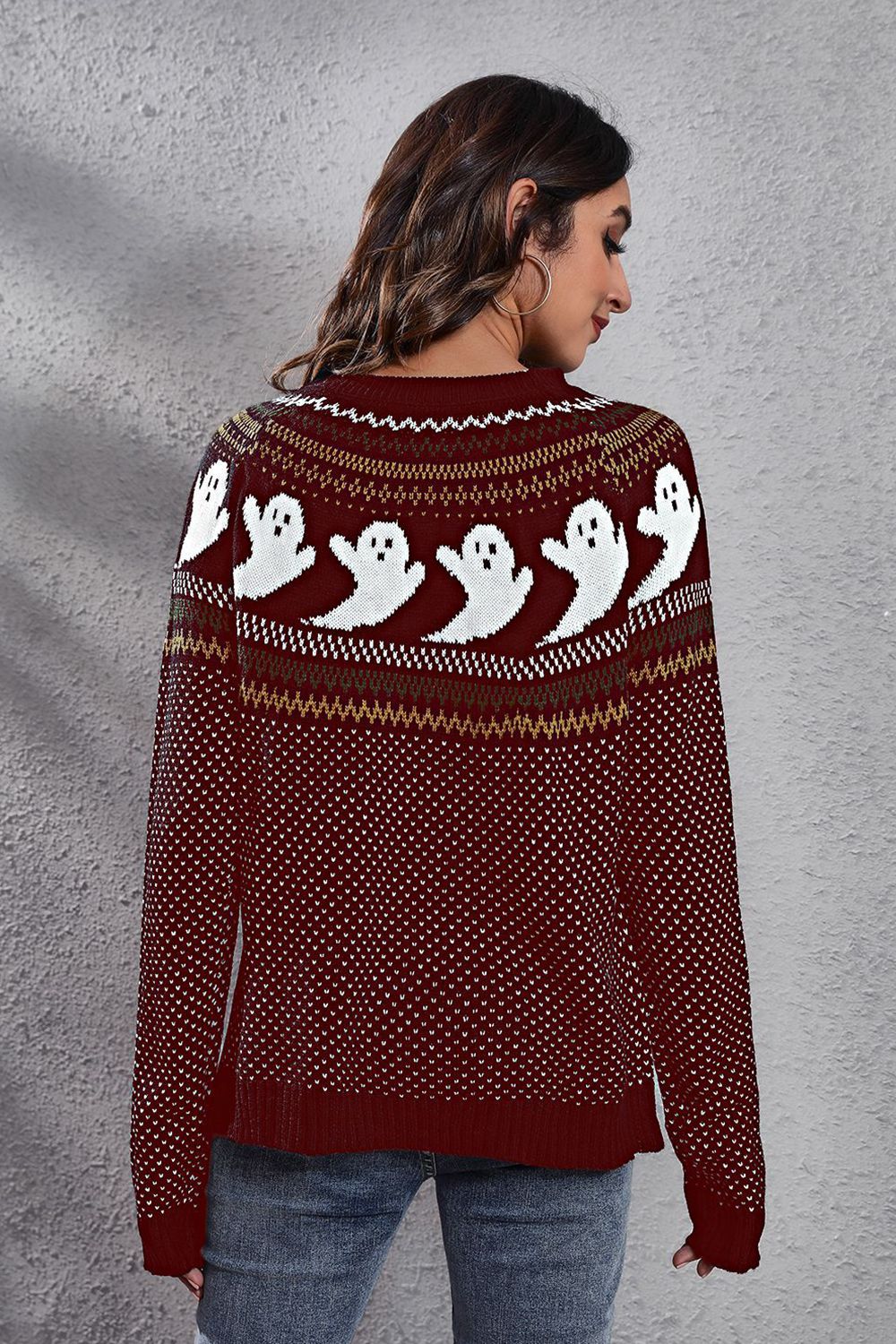 Ghost Pattern Round Neck Long Sleeve Sweater Trandify Deal