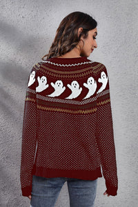 Ghost Pattern Round Neck Long Sleeve Sweater Trandify Deal