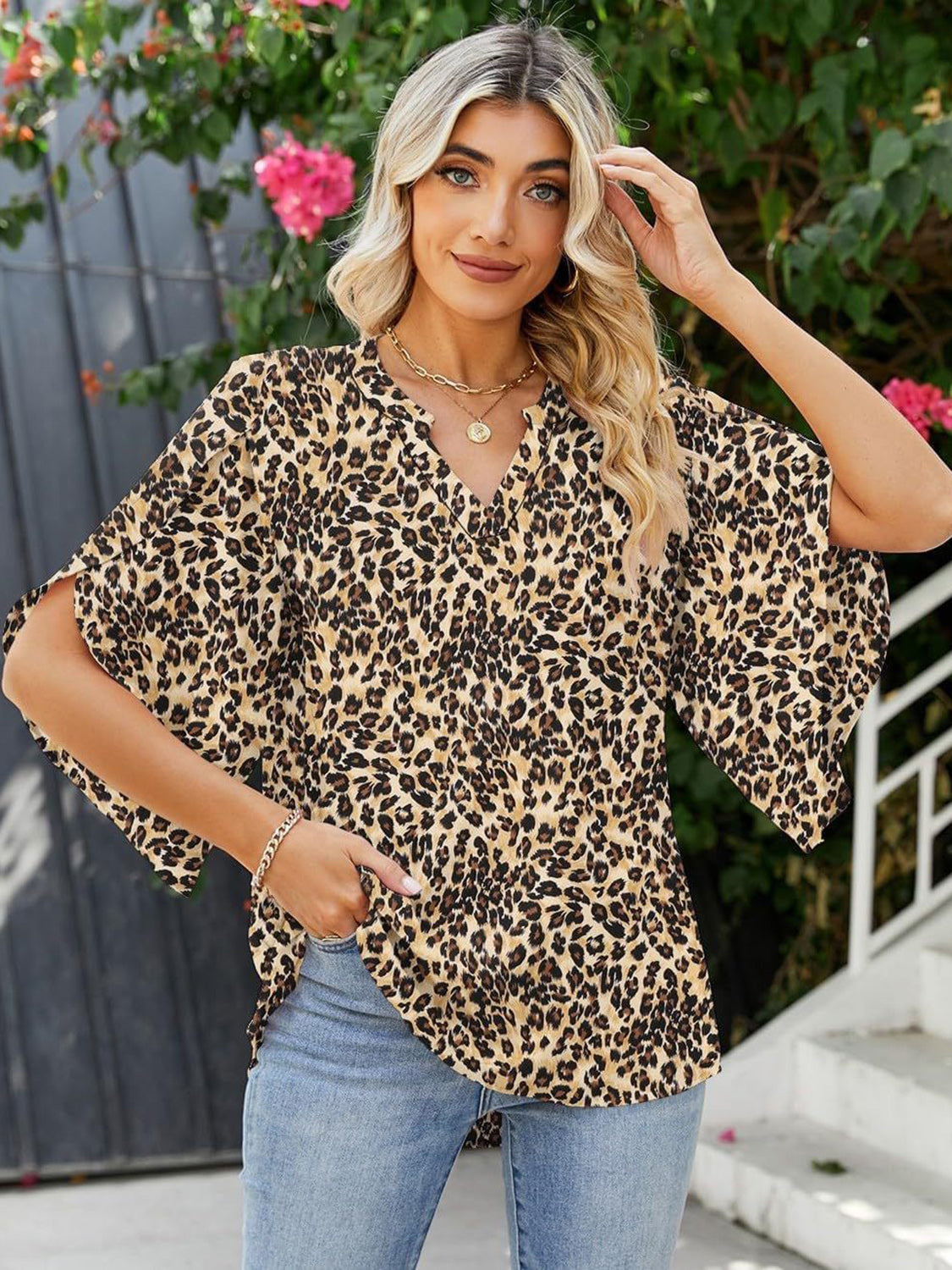 Printed Notched Half Sleeve Blouse Trandify Deal