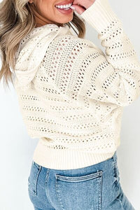 Women's lacy openwork knit hoodie with drawstring hood long sleeve sweater casual boho chic top for fall layering