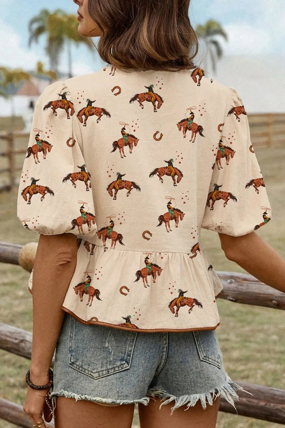 Women’s Horse Print Peplum Blouse with Tie-Front Detail – Boho Chic Ruffled Sleeve Top