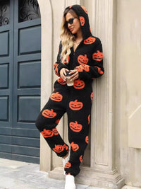 Fuzzy Pumpkin Half Zip Hooded Jumpsuit Trandify Deal