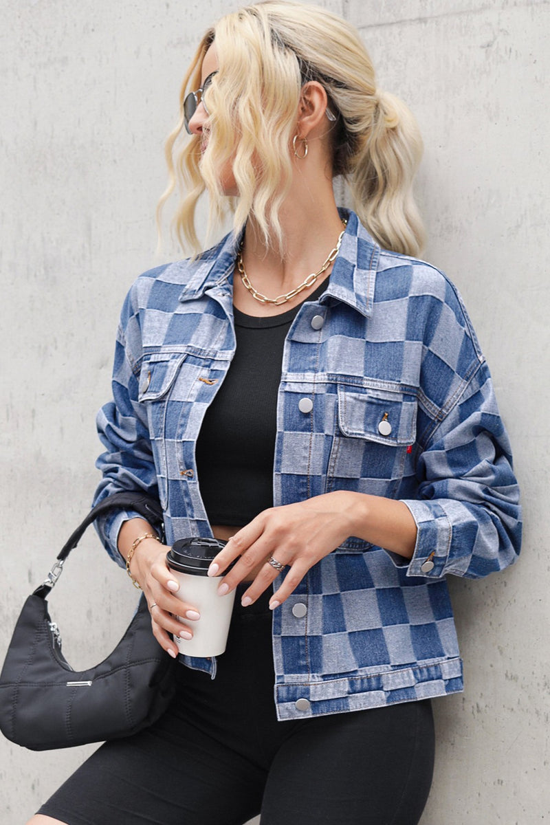 Checkered Button Up Long Sleeve Denim Jacket - Trandify Deal