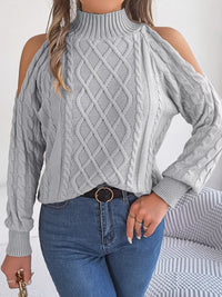 Women's Cold Shoulder Sweater | Cable Knit Turtleneck