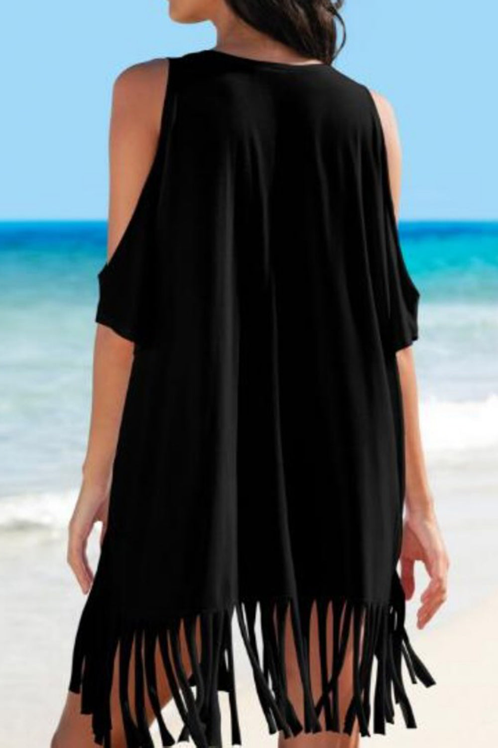 Fringe V-Neck Cold Shoulder Cover Up Trandify deal
