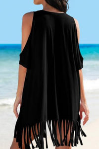Fringe V-Neck Cold Shoulder Cover Up Trandify deal