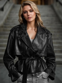 Classic Women’s Black Leather Jacket – Water-Resistant Long Trench Coat for Office Wear