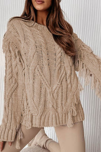 Cable Knit Fringe Round Neck Long Sleeve Sweater Trandify Deal
