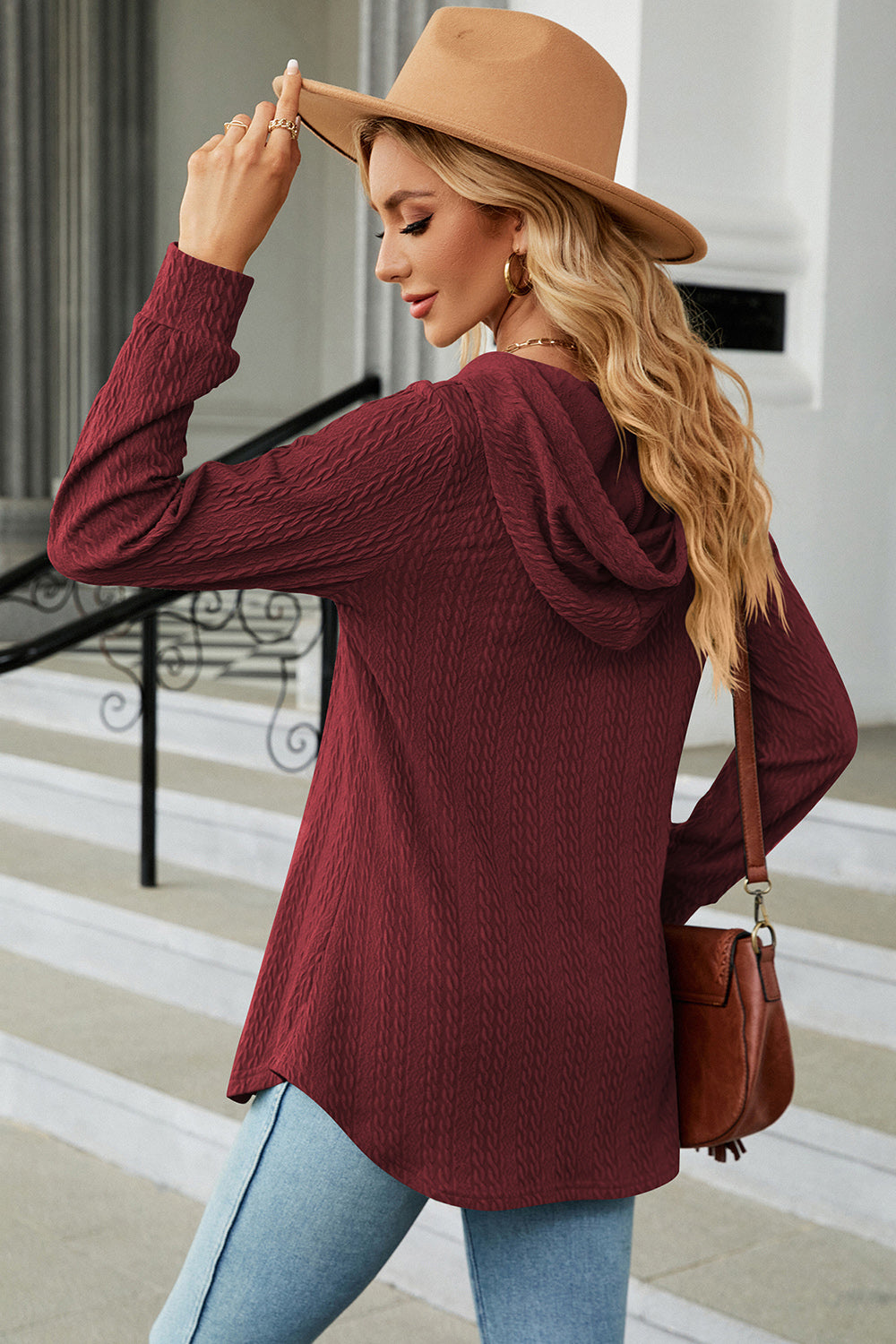 Decorative Button Drawstring Long Sleeve Hoodie Trendsi