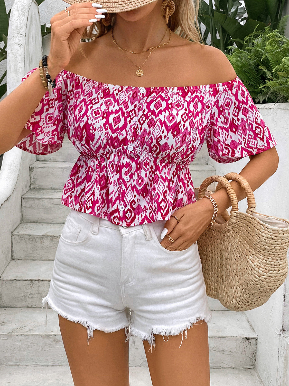Perfee Peplum Printed Off-Shoulder Short Sleeve Blouse Trandify deal