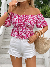 Perfee Peplum Printed Off-Shoulder Short Sleeve Blouse Trandify deal