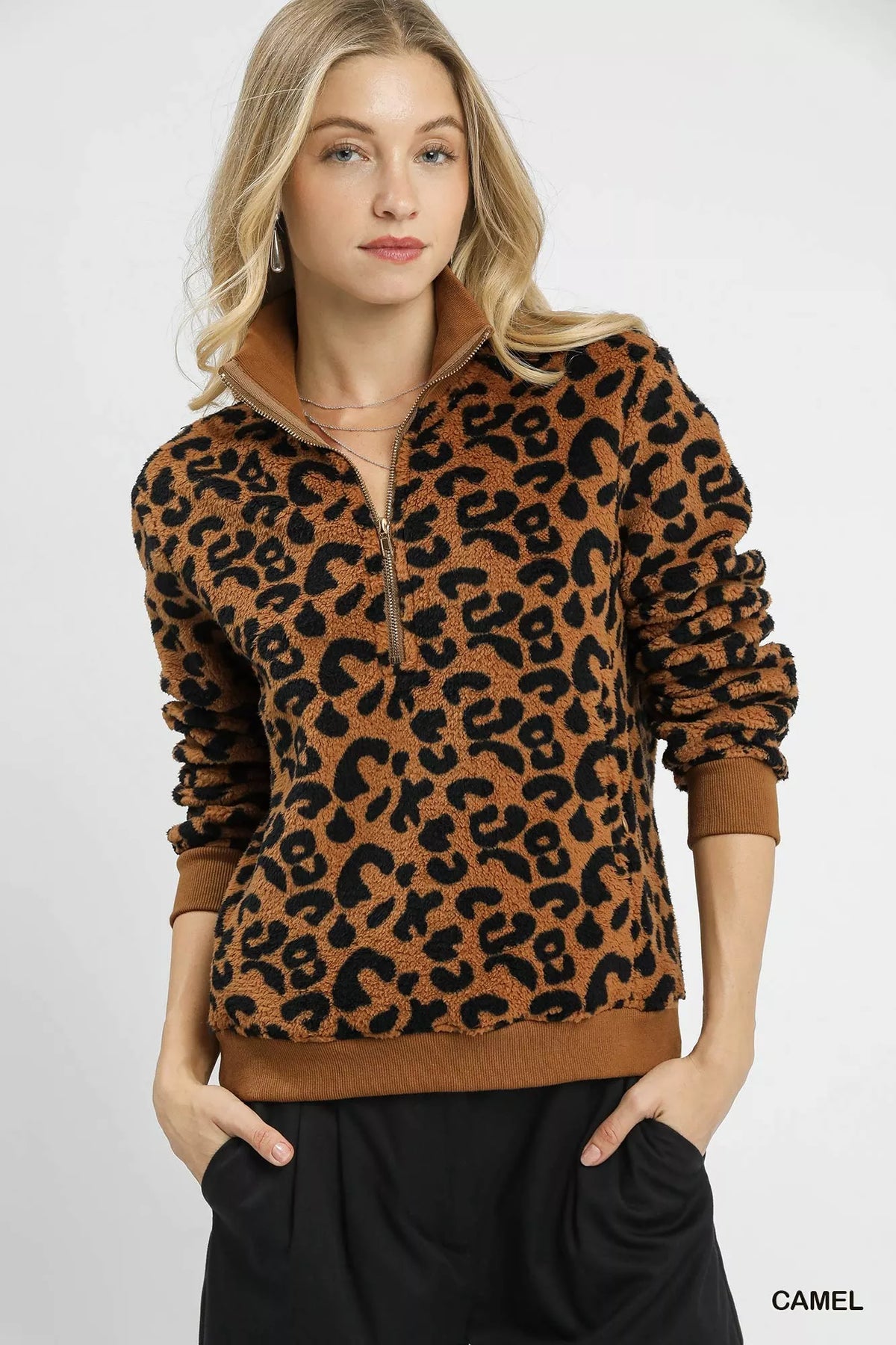 Leopard Print Quarter Zip Sweatshirt Women's Pullover with Front Pocket