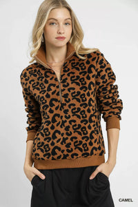 Leopard Print Quarter Zip Sweatshirt Women's Pullover with Front Pocket