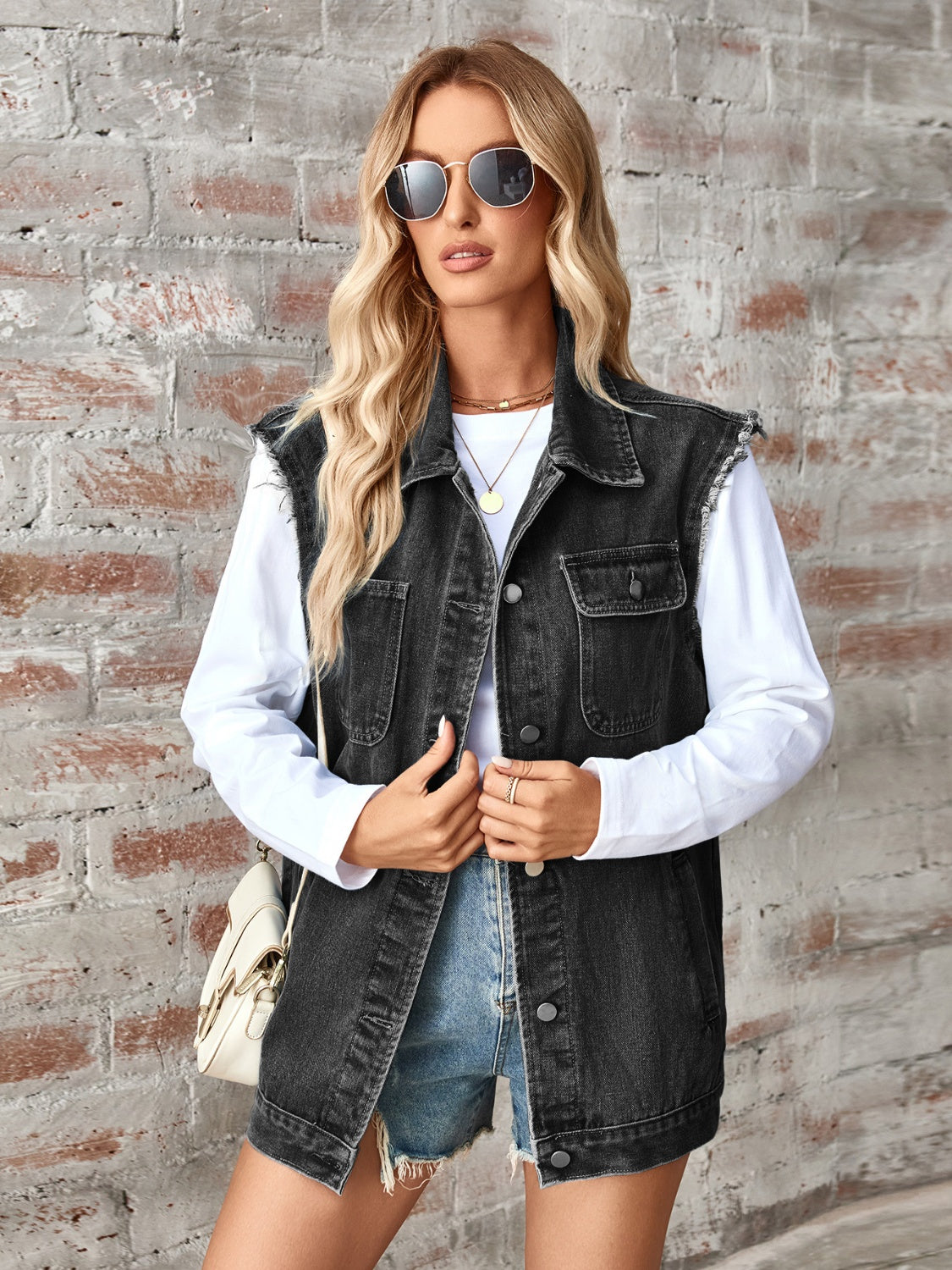 Raw Hem Sleeveless Button Up Denim Jacket Trandify deal