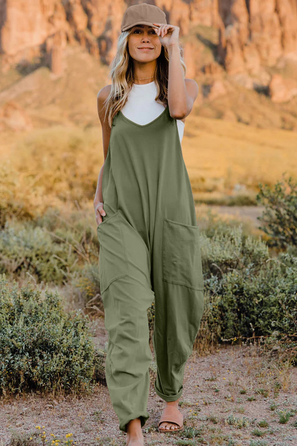 Double Take Full Size V-Neck Sleeveless Jumpsuit with Pockets - Trandify Deal