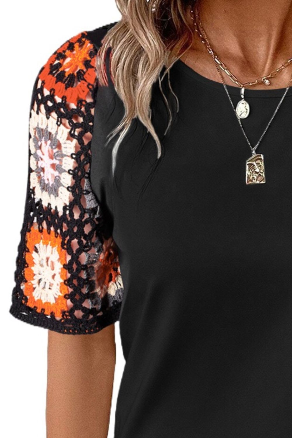 Geometric Round Neck Short Sleeve Blouse - Trandify Deal