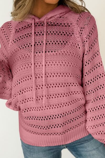 Women's lacy openwork knit hoodie with drawstring hood long sleeve sweater casual boho chic top for fall layering