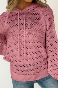 Women's lacy openwork knit hoodie with drawstring hood long sleeve sweater casual boho chic top for fall layering