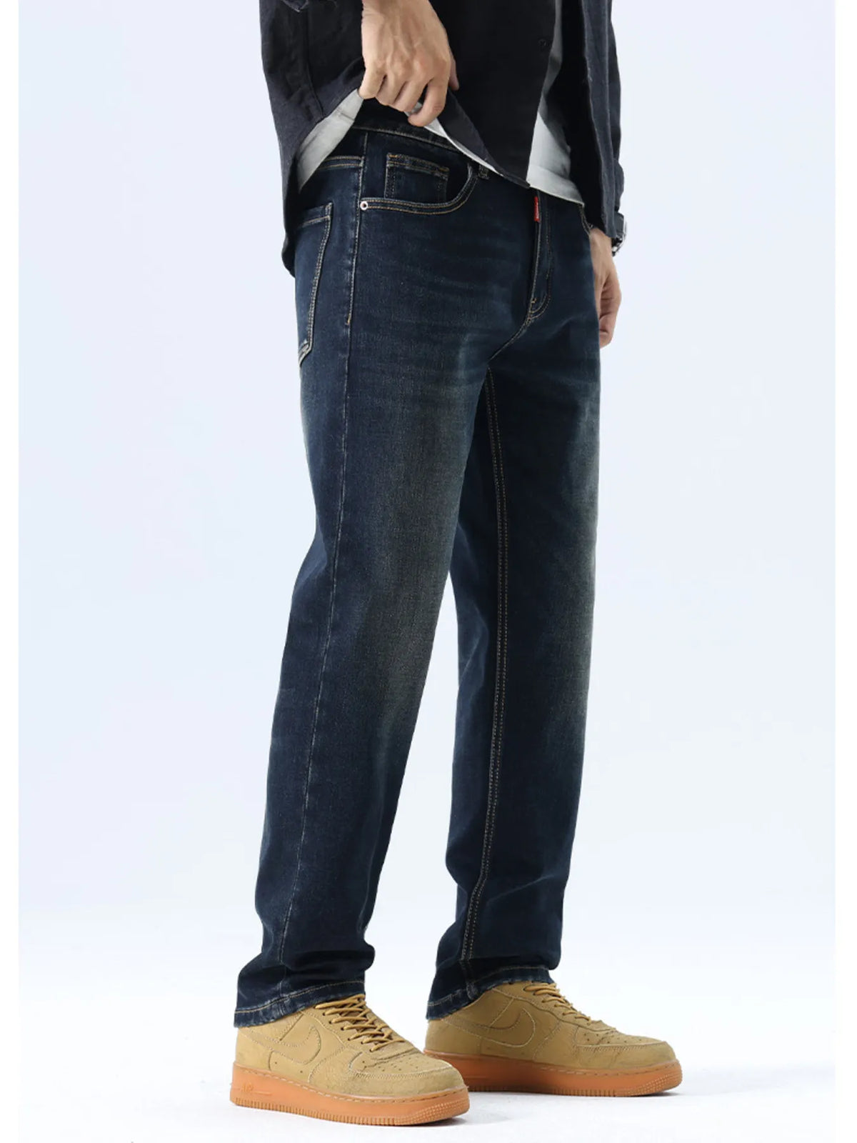 Men's washed blue straight leg jeans, regular fit, stretch denim