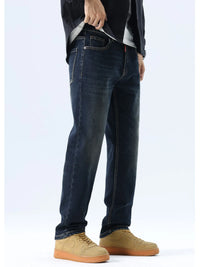 Men's washed blue straight leg jeans, regular fit, stretch denim