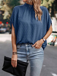 Swiss Dot Mock Neck Half Sleeve Blouse Trandify deal