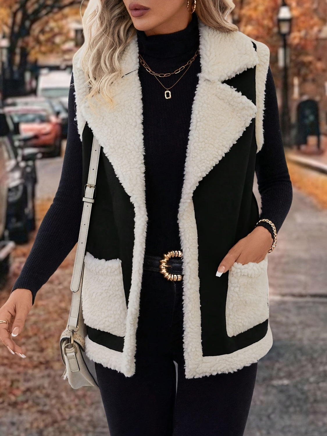 Full Size Contrast Open Front Sherpa Vest Coat Trandify deal