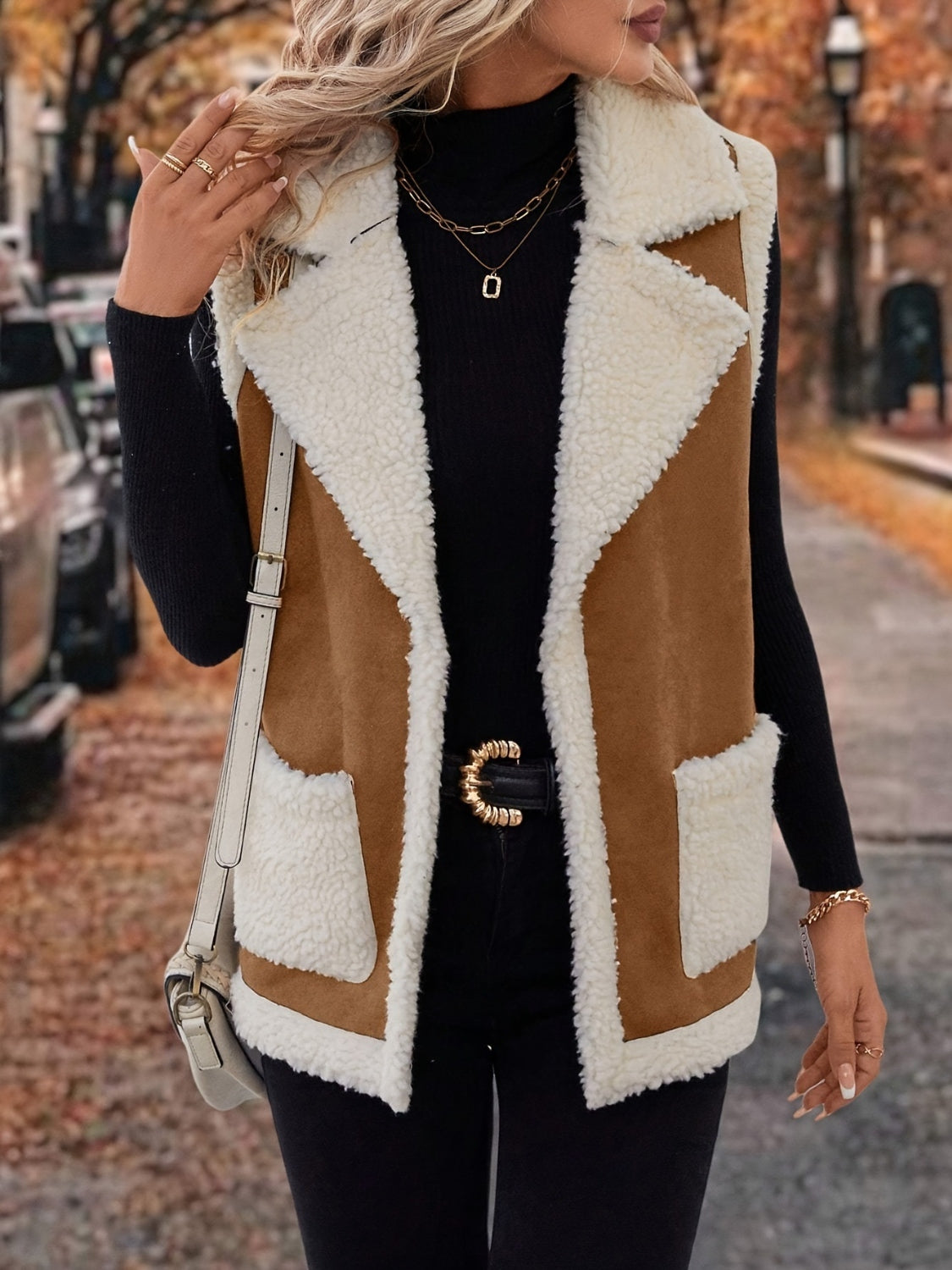 Full Size Contrast Open Front Sherpa Vest Coat Trandify deal