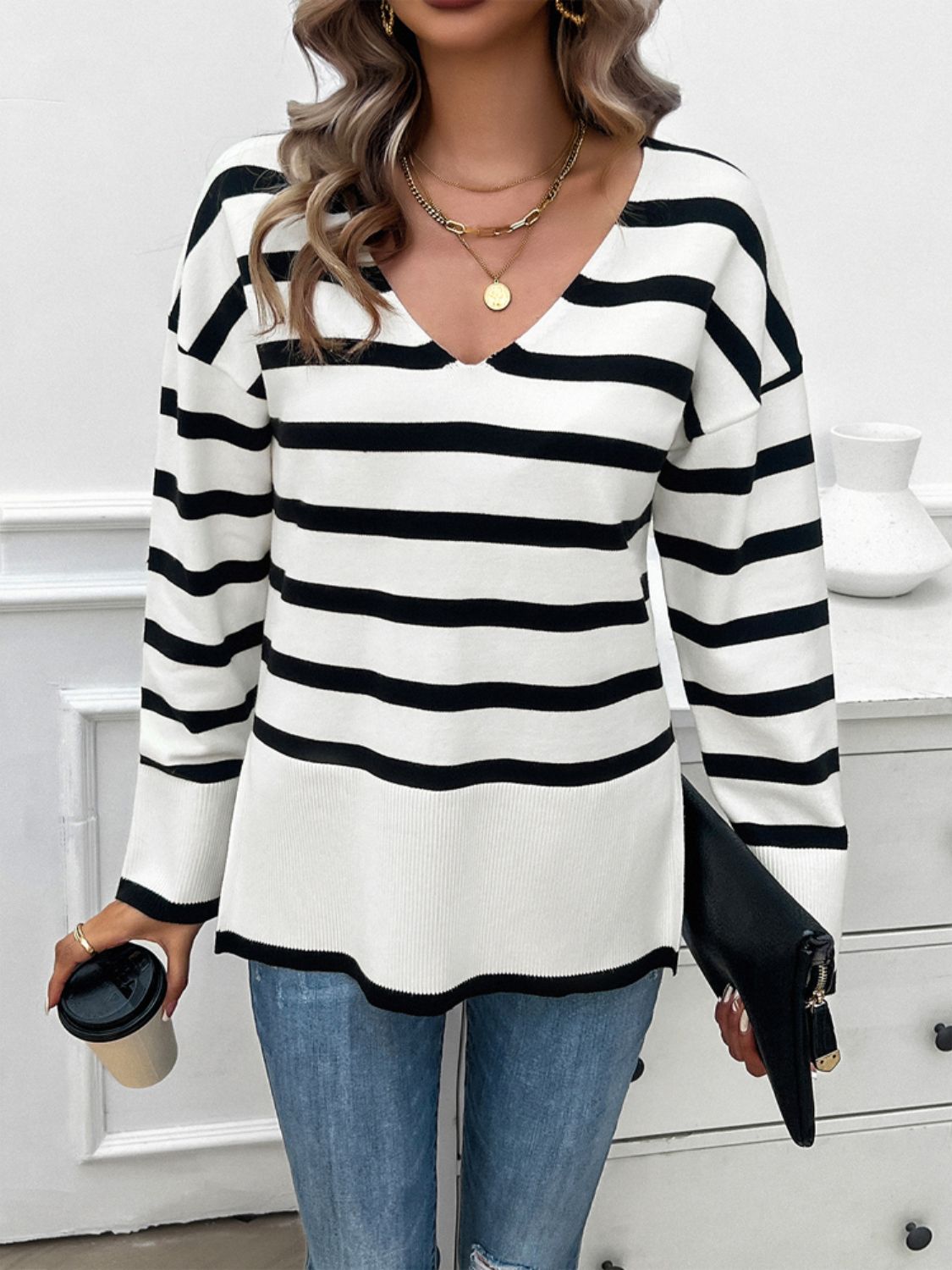 Devine Striped V-Neck Long Sleeve Knit Top Trandify Deal